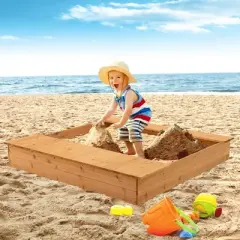 Costway Kids Wooden Sandbox w/ Bench Seats & Storage Boxes  Children Outdoor Playset