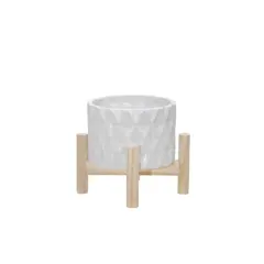 Sagebrook Home Diamond Round Ceramic Planter Pot with Wood Stand White