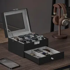 8-Slot Watch Box, Lockable Case with Glass Lid, 2 Layers Perfect Gift Idea Synthetic Leather