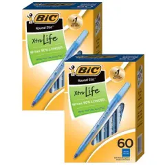 Bic Round Stic Xtra Life Ball Pen, Blue, 60 Per Pack, 2 Packs