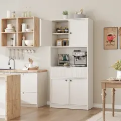 Tall Pantry Cabinet with Microwave Shelf & Drawer, 70" Kitchen Hutch Storage Cabinet with Doors, Fluted Freestanding Cupboard, for Dining Room