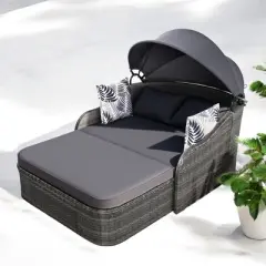 Mshliw 79.9" Outdoor Sun Lounger with Adjustable Canopy, Curved Armrests, and Pillows &ndash; PE Rattan Daybed for Patio, Deck, or Garden