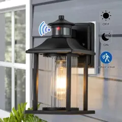 C Cattleya 1-Light Matte Black Motion Sensor Dusk to Dawn Non-Solar Outdoor Wall Light with Clear Striped Glass