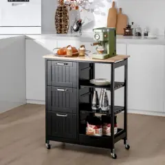 Costway Rolling Kitchen Island Utility Storage Cart w/ 3 Storage Drawers & Shelves White/Black