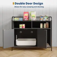 Nasitip Hidden Cat Litter Box Enclosure with Metal Frame & Storage Shelves, Modern Side Table Cat House, White/Black