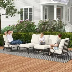 Outsunny 5 Piece Patio Furniture Set with 2 Rocking Chairs, 3-Seat Sofa, and 2 Ottomans for Garden, Lawn, Deck, Backyard, Beige