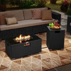 Costway 2 PCS Outdoor Rattan Fire Table Set with Tank Cover Tempered Glass Tabletop Brown/Black/Gray