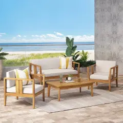 Nicholson Outdoor 4 Seater Acacia Wood Chat Set - Teak/Beige - Christopher Knight Home