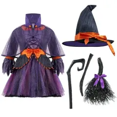 Joyfy Halloween Witch Costume for Child Girl Orange Purple Witch Costume Toddler Witch Outfit Set with Broom for Kids Halloween Party