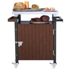 Outdoor Grill Cart with Storage, Stainless Steel Tabletop Kitchen Island, Movable BBQ Prep Table with Hook & Spice Rack, Rolling Serving Cart