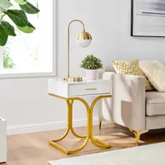 17.75" Rectangular Modern Glam Side Table with Drawer White/Gold - Danya B.