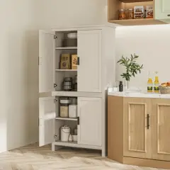 HOMCOM 64" 4-Door Kitchen Pantry, Freestanding Storage Cabinet with 3 Adjustable Shelves for Kitchen, Dining or Living Room, Antique White