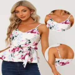 Allegra K Women's Floral Print Sleeveless V Neck Tie Waist Cami Top