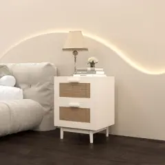 KWPZQEB Rattan Nightstand, Bed Side Table with 2 Rattan Drawers, Modern Night Stand with Solid Wood Legs for Bedroom Living Room Small Space