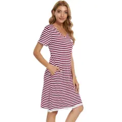 cheibear Womens Pajama Dress Nightshirt Stripe Sleepwear V-Neck Lounge Soft Nightgown