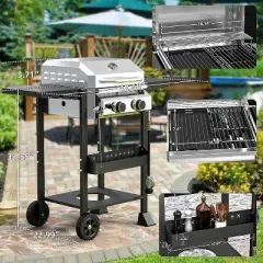 R.W.FLAME 2-Burner Propane Gas Grill, 16,000 BTU Stainless Steel BBQ with Folding Side Tables &ndash; Portable Outdoor Grill for Patio, Backyard & Camping