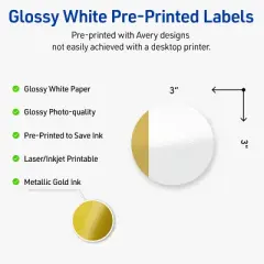 Avery Printable Round Labels, Gold-Dipped Edge, 3" Diameter, Glossy White Round Labels, Permanent, Laser/Inkjet, 60ct, Great for Product Labels