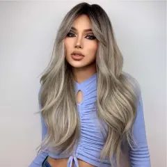 Jessie's Wig 26 Inch Wavy Hair With Curtain Bangs Synthetic Hair Ombre Ash Blonde With Dark Brown Color 1 Pc/Pack