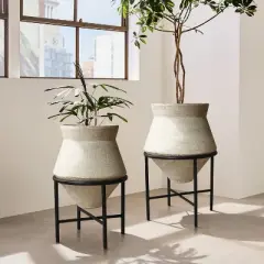 LuxenHome Set of 2 Indoor Planter Pot, 11 & 16 Inch Novelty Decorative Planters with Black Stands, Distressed Metal Cachepot Flower Pot Beige
