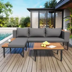 FIONECA Patio Furniture Set, L-Shaped Acacia Wood Outdoor Sectional Sofa with Side Table & Coffee Table, Removable Gray Cushions