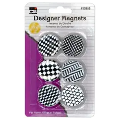 Charles Leonard Designer Button Style Magnets, Super Strong - Assorted Black & White Designs, 6 Per Pack, 12 Packs