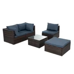 GlasFlength 5PCS Patio Seating Rattan Furniture Set Sectional Sofa Cushioned Garden, Tempered Glass Table, Blue, 28.94"*28.55"*24.8"