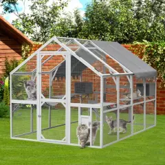 Dolonm 110" Walk-in Catio Enclosure w/ Weatherproof Roof - Blue&Grey Metal-Wood Cat House, 2 Bridges & 7 Walks for Outdoor Cats