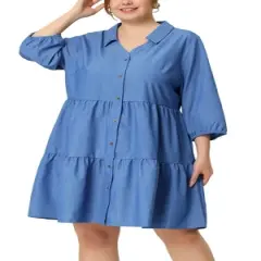 Agnes Orinda Women's Plus Size Babydoll Outfits Turndown Collar 3/4 Sleeve Chambray  Dresses