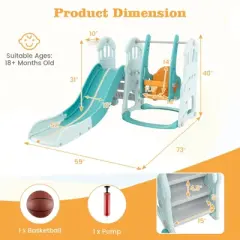 Safstar 4 in 1 Toddler Slide and Swing Set, Indoor Outdoor Castle Playset with Baby Swing, Basketball Hoop, Kids Climber Play Set for Age 1+