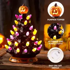 Joyfy 8.5'' Tall Halloween Tabletop Tree Decoration, Pumpkin Gnome Ceramic Tree with Built-in LEDs for Halloween Party Supplies Indoor Decorations