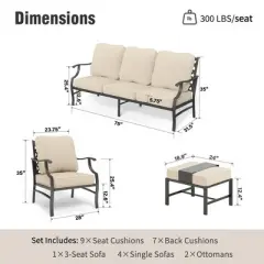 Captiva Designs 7pc Metal Patio Outdoor Conversation Set with Grid-back Armchairs, Ottomans for Garden, Poolside, Backyard