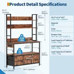 5-Tier Kitchen Bakers Rack w/Charging Station & Drawers, Industrial Microwave Stand, Freestanding Coffee Bar, Utility Shelves for Kitchen, Brown