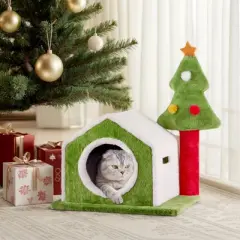 phiestina 24in Christmas Cat House, Festive Plush Cat Bed Cave with Dual Openings, Holiday Decor for Indoor Cats