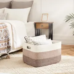 Itopfox Rectangle Woven Storage Basket for Laundry, Blankets, Toys, and Magazines - Natural Cotton Hamper for Nursery and Living Room D&eacute;cor