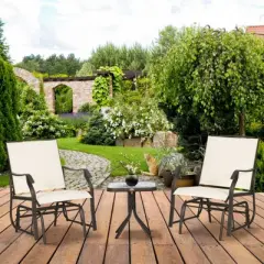 Outsunny 3 Piece Outdoor Glider Chair with Coffee Table Bistro Set, 2 Patio Rocking Chairs with Breathable Sling Fabric, Glass Tabletop, Cream White