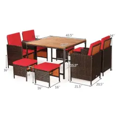 Costway 9PCS Patio Rattan Dining Set Cushioned Chairs Ottoman Wood Table Top White\Red