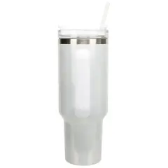 100 North 40 Ounce Stainless Steel Double Wall Insulated Glitter Travel Tumbler With Handle, Straw, and Lid, Brittany Spaniel White