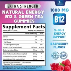 Energy Gummies Vitamin B12 1000mcg - Green Tea Natural Caffeine Support Chews - 120 Gummies By Nature's Nutrition