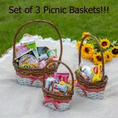 Wickerwise Set of 3 Rattan Woven Baskets with Handle and Plastic Lining, Sturdy and Stylish Picnic and Gift Baskets