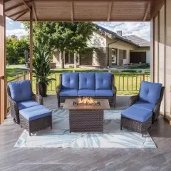 SUGOLD 6 Pieces Patio Furniture Set with Fire Pit Table Outdoor Conversation Set PE Wicker Patio Couch Swivel Glider Chairs Ottomans for Balcony