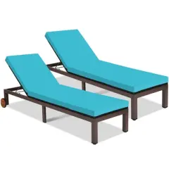 2PC Patio Rattan Lounge Chair Chaise Recliner Back Adjustable W/Wheels Cushioned Turquoise\White