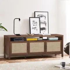 Tangkula Universal TV Stand Cabinet Television Media Console with 3 Rattan Doors Grey Oak Walnut