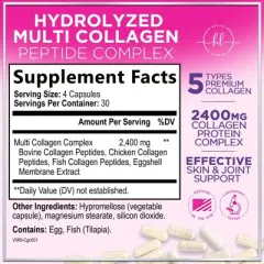 Multi Collagen Peptides Supplement - Hydrolyzed Types I, II, III, V & X Multi Collagen Pills, Hydrolyzed Collagen - 60 Capsules;120 Capsules