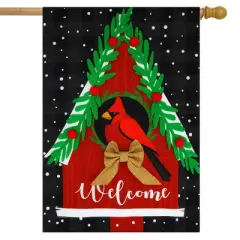 Winter Birdhouse Burlap House Flag 28" x 40" Welcome Cardinal Briarwood Lane