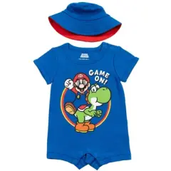SUPER MARIO Nintendo Mario Yoshi Short Sleeve Romper & Sunhat Blue/Red 