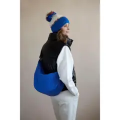 Shiraleah Vermot Blue and White Color Block Beanie with Pom