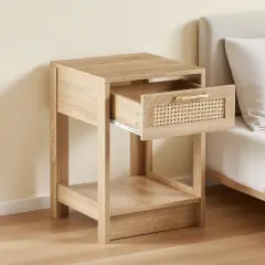 KWPZQEB Rattan End table with Drawer, Farmhouse Nightstand, Wood Bedside Table with Open Shelf Storage Shelf for Bedroom, Living Room, Small Space