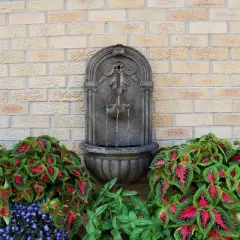 Sunnydaze 27"H Electric Polystone Florence Outdoor Wall-Mount Water Fountain, Florentine Stone Finish