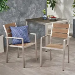 Modern Outdoor Lightweight Aluminum Patio Dining Arm Chairs Set of 2,Slat Back Garden Faux Wood Seat Indoor Kitchen Dining Chair-Coolbibila
