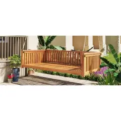 DOMETOUR TOPMAX Patio Minimalist Twin Size Garden Swing Bed Wood Porch Swing with Ropes for Backyard, Safe Sloped Design, Teak